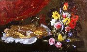 Giuseppe Recco, A Still Life of Roses, Carnations, Tulips and other Flowers in a glass Vase, with Pastries and Sweetmeats on a pewter Platter and earthenware Pots, on